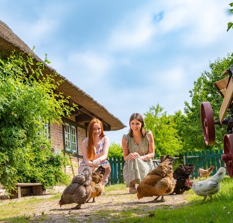 Zwei junge Frauen auf einem Bauernhof bei den Hühnern